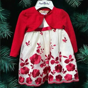 3-6mo Embroidered Christmas white and red Purple&Rose dress. Dsct w bundle.